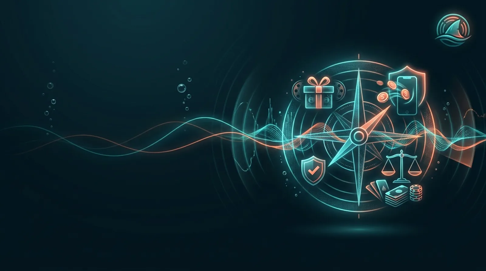 Dark deep-sea hero banner with a glowing teal shark fin rising from stylised waves, sonar rings and coral-orange highlights f